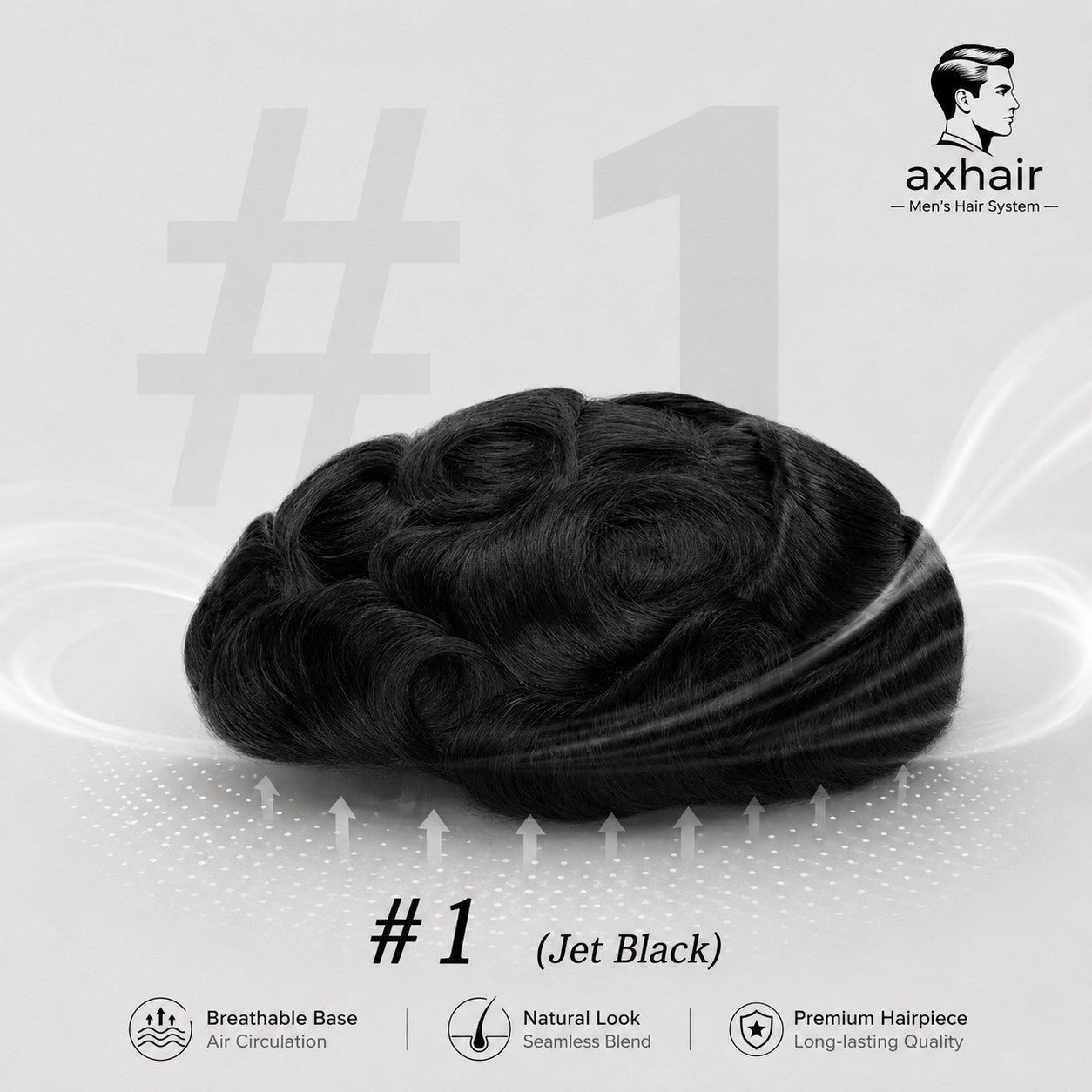 Men’s thin skin base toupee, jet black wavy hair with full rounded volume (#1)